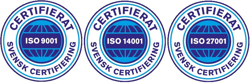 (ISO 9001 (kvalitet), ISO 14001 (miljö), ISO 27001 (informationssäkerhet)